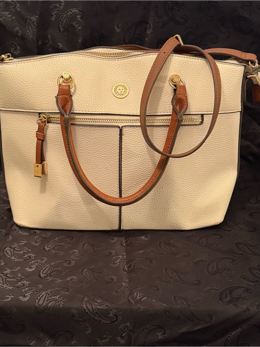 Anne Klein Cream Tote with Brown Trim and Gold Accents